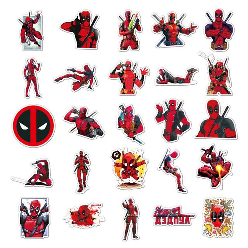 May include: A collection of Deadpool stickers in various poses. The stickers feature the character in his signature red and black suit, with swords and guns. Some stickers show the Deadpool logo.