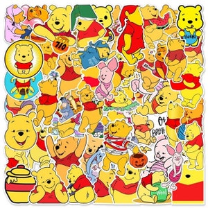 May include: A collection of colorful Winnie the Pooh stickers in various poses and outfits. The stickers feature the beloved bear, Piglet, and other characters from the classic children's stories. The stickers are in various sizes and shapes, with a white border.