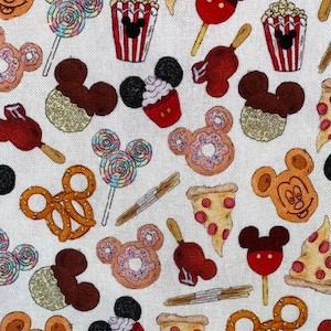 Disney Parks Snacks Fabric 100% Cotton Fabric Fat Quarter Tumbler Cut Mickey Treats Popcorn Pretzel Churro Mickey Mouse Desserts cupcakes