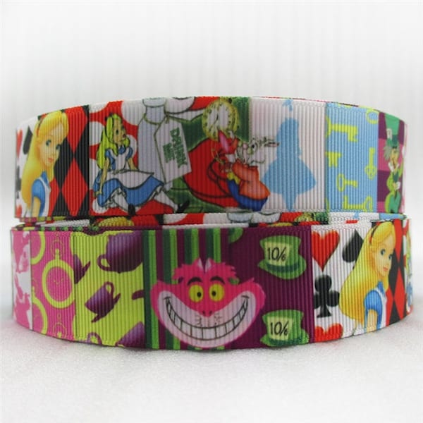 Disney Alice in Wonderland Ribbon 1" High Quality Grosgrain Ribbon By The Yard Squared White Rabbit Drink Me Cheshire Cat Tea Time