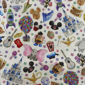 Disney Best Day Ever Fabric 100% Cotton Fabric Tumbler Cut Fat Quarter Disney Park Treats Snacks Attractions Rides Character Collage