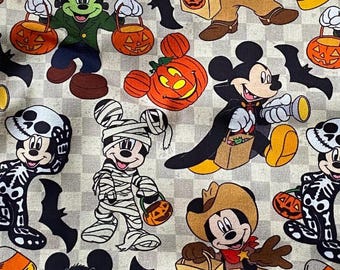 Disney Halloween Fabric 100% Cotton Fabric by the Yard Disney Mickey Mouse Costume Dracula Mummy Cowboy Skeleton Frankenstein Collage