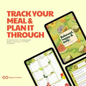 May include: A digital planner with a tropical fruit design. The planner is titled "Balanced, happy & tasty. A Happy Meal Journal". The planner includes a weekly meal planner, a grocery list, and a section for weekly motivation.
