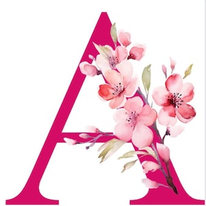 Monograma de acuarela del alfabeto floral rosa fuerte en formato PNG, 26 letras florales
