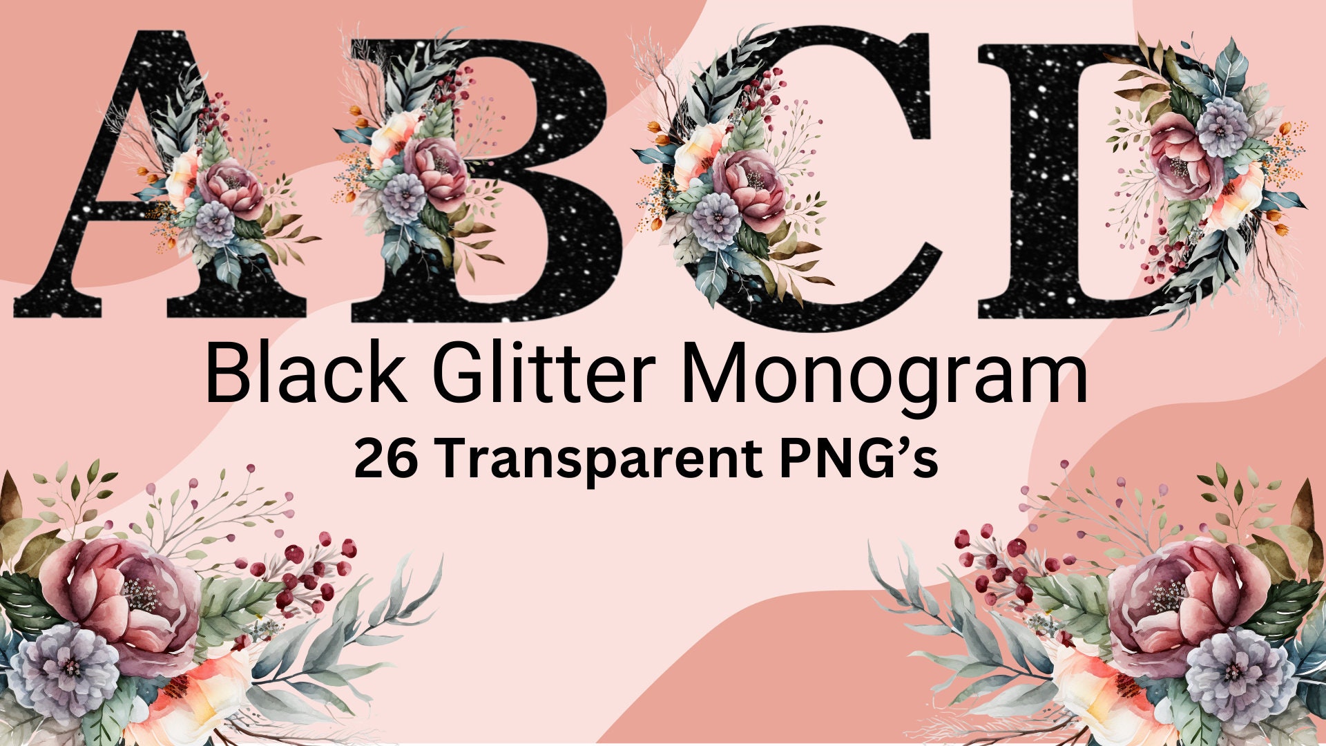 Black Glitter Monogram Alphabet Transparent Png's Sublimation Letters ...