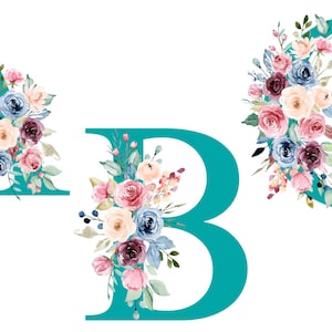 Teal bloemen alfabet bloem monogram letters, PNG downloaden sublimatie, shirt overdracht, bruiloft mokken, geschenken bruiloft alfabet