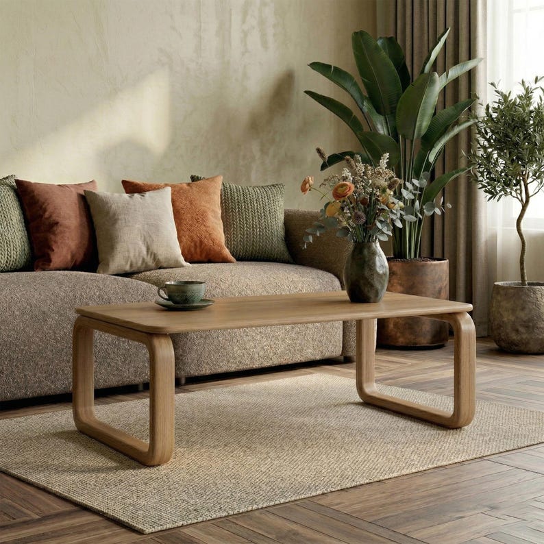 Oak Coffee Table, Solid Wood Side Table With Curved Legs, Living Room ...