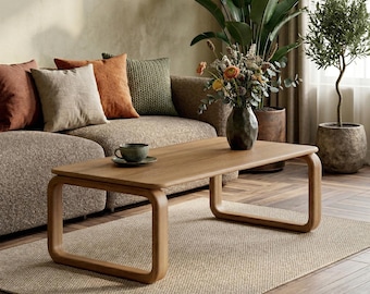 Table Basse en Chêne, Table d'Appoint en Bois Massif avec Pieds Courbés, Meubles de Salon