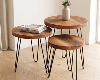 Oval Laminated Walnut Side Table with Hairpin Legs, Wood End Table, Living Room Furniture