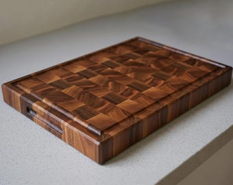 Walnoot End Grain Snijplank – Dikke Hakblok – Massief Walnoot – Optionele Handgrepen