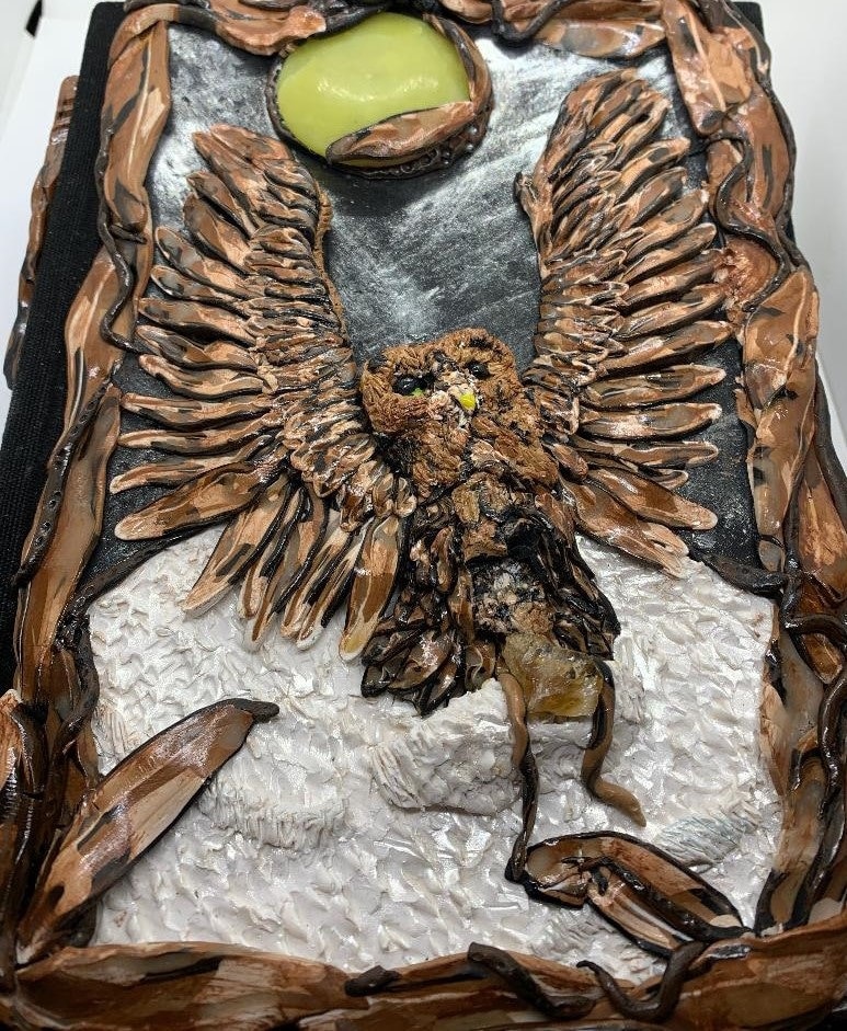 Handmade Owl Journal - Polymer Clay, Jasper Stone, Fantasy Garden