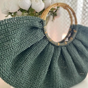 Green Crochet Bag, Bamboo Handle, Boho Summer Tote, Handmade Beach Bag