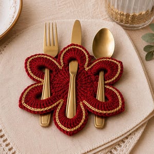 May include: A deep red, flower-shaped crochet cutlery holder with gold-colored trim. The holder features three distinct slots, each containing a matte gold-finished metal fork, knife, and spoon, arranged neatly on a cream-colored fabric napkin.