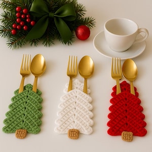 Patrón de crochet para portacubiertos de árbol de Navidad: Decoración de mesa navideña (PDF)