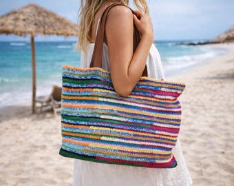 Luxe XL gehaakte miumiu-draagtas, handgemaakte kleurrijke strandtas, boho-katoenen schoudertas