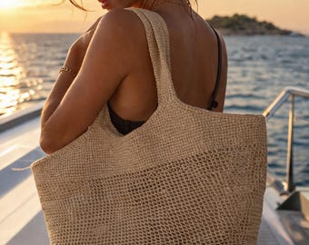 YSL Handmade Crochet Straw Tote Bag, Large Raffia Summer Beach Shoulder Bag
