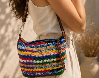 Rainbow Crochet Shoulder Bag, Colorful Handmade Knit Purse, Boho Striped Crossbody Bag, Artisan Crochet Handbag, Unique Gift for Her,