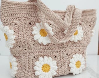 Crochet Daisy Granny Square Tote Bag: Handmade Boho Purse