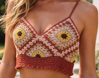 手編みクロシェクロップトップ、ボヘミアン風おばあちゃん風スクエアブラレット、コットンサマービーチフェスティバル