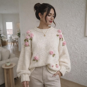 Suéter de punto extragrande con rosas 3D – Jersey grueso floral hecho a mano – Top romántico de estilo cottagecore invernal