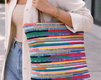 豪華なカラフルなかぎ針編みトートバッグ、手作りのボヘミアン風ショルダーバッグ、ストライプ柄のコットンハンドバッグ