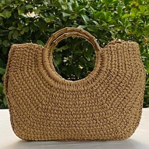 Handmade Paper Raffia Bag with Wooden Handles – Woven Summer Tote – Boho Chic Straw Look Purse