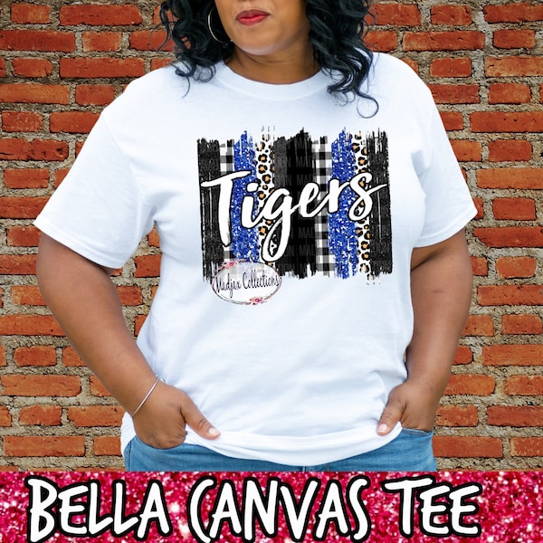 Royal Blue Tigers Shirt, Team Mascot, Tigers Football, Mom Shirt, Brush Stroke Design, Bella Canvas Short-Sleeve Unisex T-Shirt