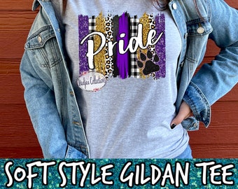 School Pride Spirit Shirt, paarse en gouden borstelslag, zacht T-shirt, Team Pride Girls Tee, cadeau voor leraar, met of zonder pootafdruk