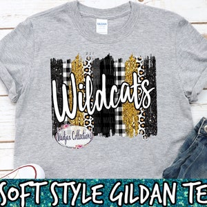 Wildcats Spirt Shirt, Team Colors Gold & Black, Brush Stroke Design, Leopard Print, Faux Glitter, Football Mascot, Gildan Unisex T-Shirt
