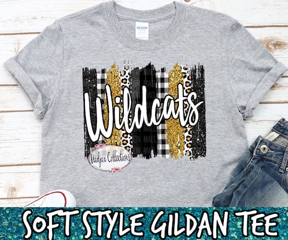 Wildcats Spirt Shirt, Team Colors Gold & Black, Brush Stroke Design, Leopard Print, Faux Glitter, Football Mascot, Gildan Unisex T-Shirt