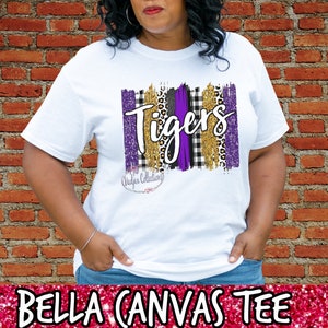 Tigers Spirit Shirt, Purple and Gold Tigers, Tigers Mascot Shirt, High School Tigers, Tigers Football T-Shirt, Unisex Bella Canvas T-shirt