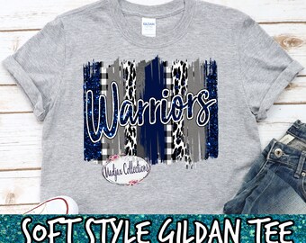 Warriors Spirit Shirt, Team kleuren blauw en zilver, voetbal moeder shirt, leuke drill team shirt, borstel slag mascotte shirt, korte mouw tee