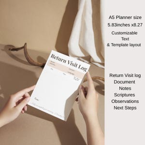 May include: A5 size Return Visit Log with customisable text and template layout. The document includes sections for name, address, contact, and notes. The planner measures 14.8 cm by 21 cm.