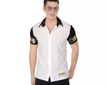 Unity Wear Black Short Sleeve Full Print White Button Up Shirt