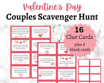 May include: A pink and white Valentine's Day scavenger hunt game with 16 clue cards and 8 blank cards. The cards have hearts and arrows on them. The text on the cards says "Valentine's Day Couples Scavenger Hunt".