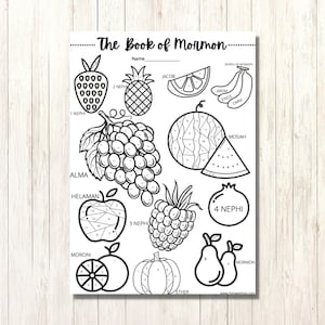 May include: A black and white printable coloring page featuring a fruit-themed color-by-number activity. The page is titled "The Book of Mormon" and includes names from the book, such as Nephi, Alma, and Moroni. Each fruit is divided into numbered sections, and the numbers correspond to a color key.