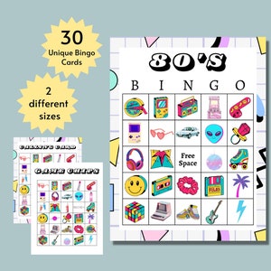 Cartes de bingo des années 80, jeu de société sur le thème des années 80 pour enfants, adolescents et adultes, activité rétro imprimable, comprend une page complète et une demi-page