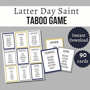 Jeu tabou SDJ, jeu de fête des saints des derniers jours à imprimer pour enfants, adolescents et adultes, activité de l'église du Livre de Mormon