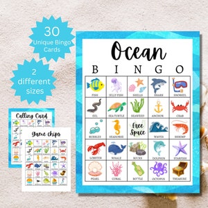Oceaanbingokaarten, afdrukbaar Under the Sea-feestspel, zomeractiviteit voor kinderen, inclusief volledige en halve pagina's