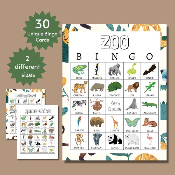 Zoo Bingo, Zoo Animals Game, Animal Bingo, Printable Bingo Game for Kids