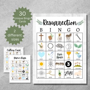 Auferstehungs-Bingokarten, druckbares Osterspiel für Kinder, Jugendliche und Erwachsene, Gruppenreligiöse Ostergeschichtenaktivität, ganze und halbe Seiten
