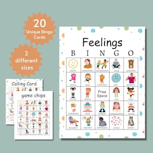 Jogo de bingo de sentimentos para crianças, atividade de aprendizagem de emoções, recurso de sala de aula para impressão para grupos, inclui páginas inteiras e meias