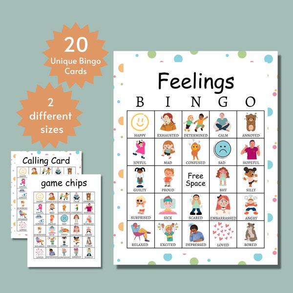 Gefühle Bingo Spiel für Kinder, Emotionen Lernspiel, druckbare Gefühle Spiel