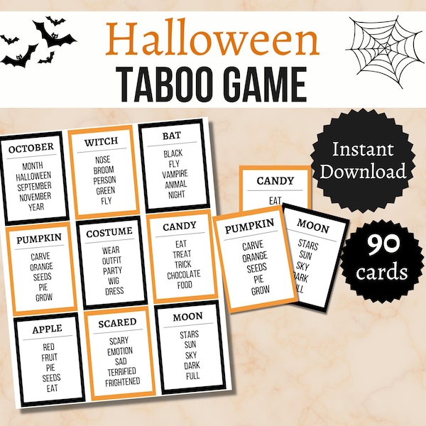 Halloween Taboo Game, Printable Halloween Party Game, Halloween Family Card Game