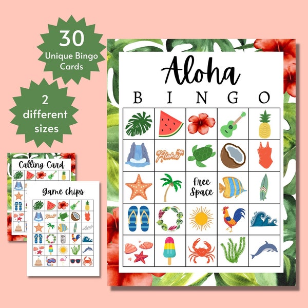 Aloha Bingo, Luau Party Games, Luau Bingo Cards, Hawaiian Birthday Games
