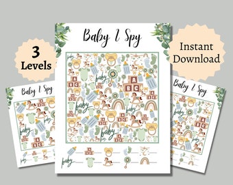 Baby I Spy Game, Baby Shower Activity for Kids, Teens, and Adults, Printable Baby Party Game, Includes 3 Levels and Answer Key