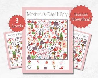 Mother&#39;s Day I Spy Game, Printable Mother&#39;s Day Party Game for Kids, Spring Counting Activity, Includes 3 Levels and an Answer Key