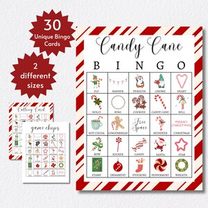 Cartões de bingo Candy Cane, jogo de festa de Natal para crianças, adolescentes e adultos, atividade de grupo para férias para impressão, inclui páginas inteiras e meias páginas