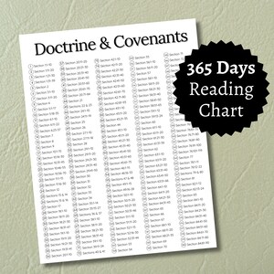 May include: A black and white chart with the title "Doctrine & Covenants 365 Days Reading Chart". The chart lists sections of the book of Doctrine and Covenants to read each day of the year.