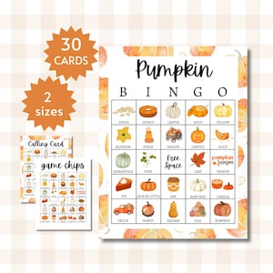 Tarjetas de bingo de calabaza, juego imprimible para fiestas de otoño para niños, adolescentes y adultos, actividad con temática otoñal, incluye páginas completas y medias páginas.